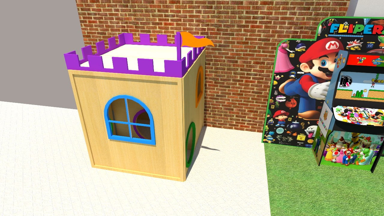 Render 3D — Casinha e Fliperama temático